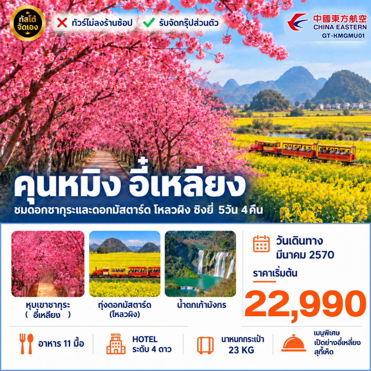 ทัวร์จีน คุนหมิง อี๋เหลียง ชมดอกซากุระและดอกมัสตาร์ด 5วัน 4 คืน No Shop
