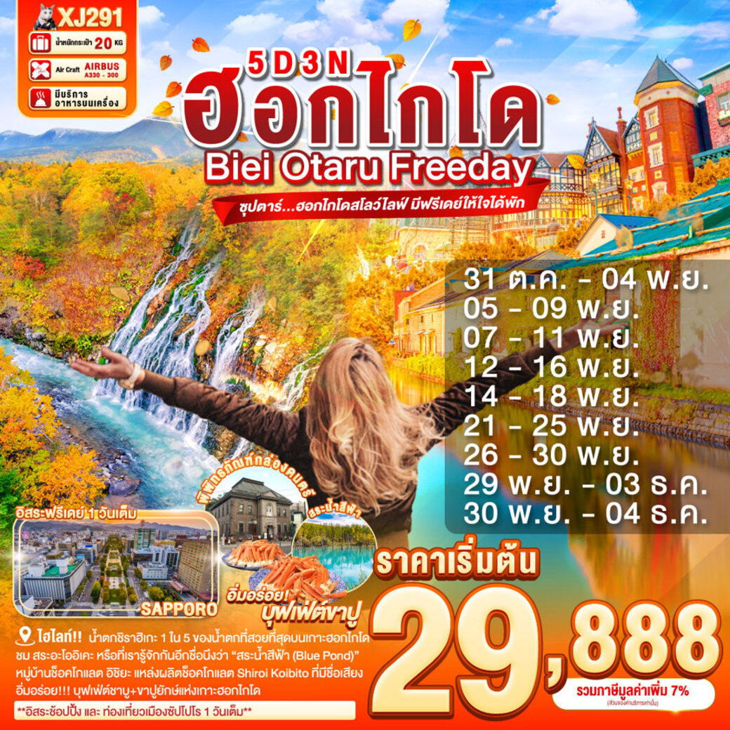 ทัวร์ญี่ปุ่น HOKKAIDO BIEI OTARU FREEDAY 5วัน 3คืน (XJ)