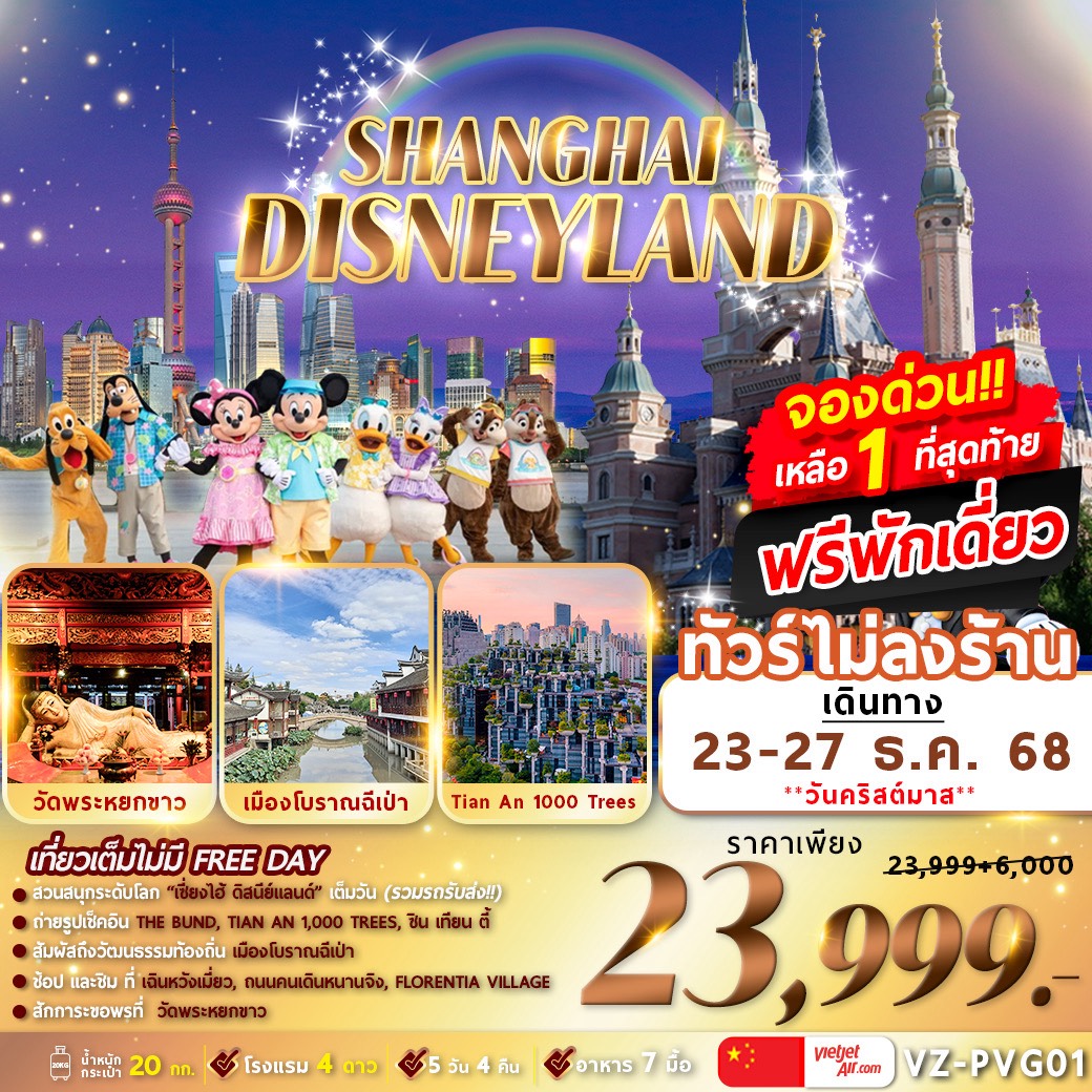 ทัวร์จีน เซี่ยงไฮ้ ดิสนีย์แลนด์ เมืองโบราณฉีเป่า 5วัน 4คืน (VZ)