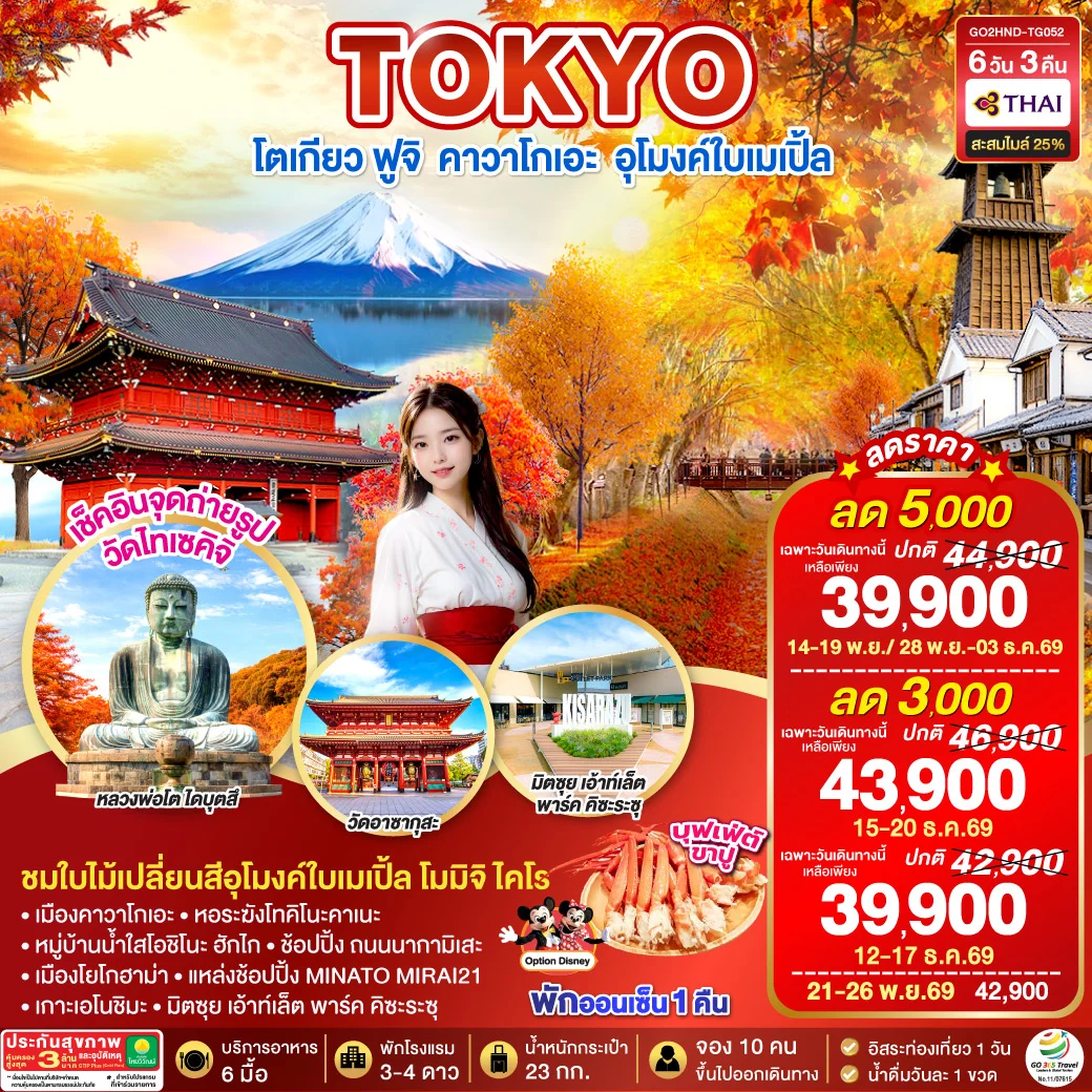 ทัวร์ญี่ปุ่น TOKYO FUJI MOMIJO KAIRO AUTUMN 6วัน 3คืน (TG)